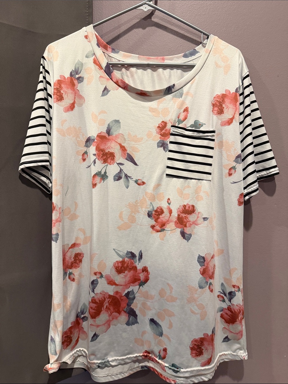 Women's White Floral Pocket Tee with Coral Print